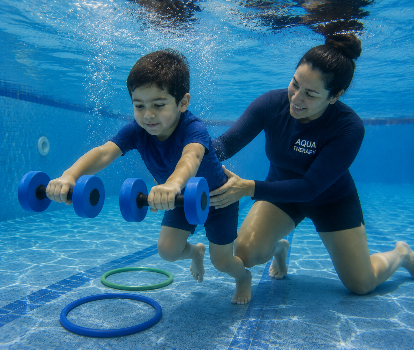Picture1310 - Milestone CDC Boy in blue wears blue shirt and shorts, holding blue dumbbells underwater while a therapist assists him in a pool.